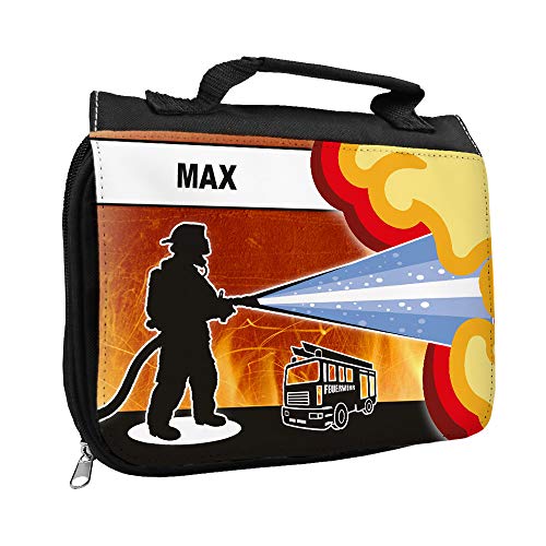 Kulturbeutel mit Namen Max und Feuerwehr-Motiv für Jungen | Kulturtasche mit Vornamen | Waschtasche für Kinder von Eurofoto