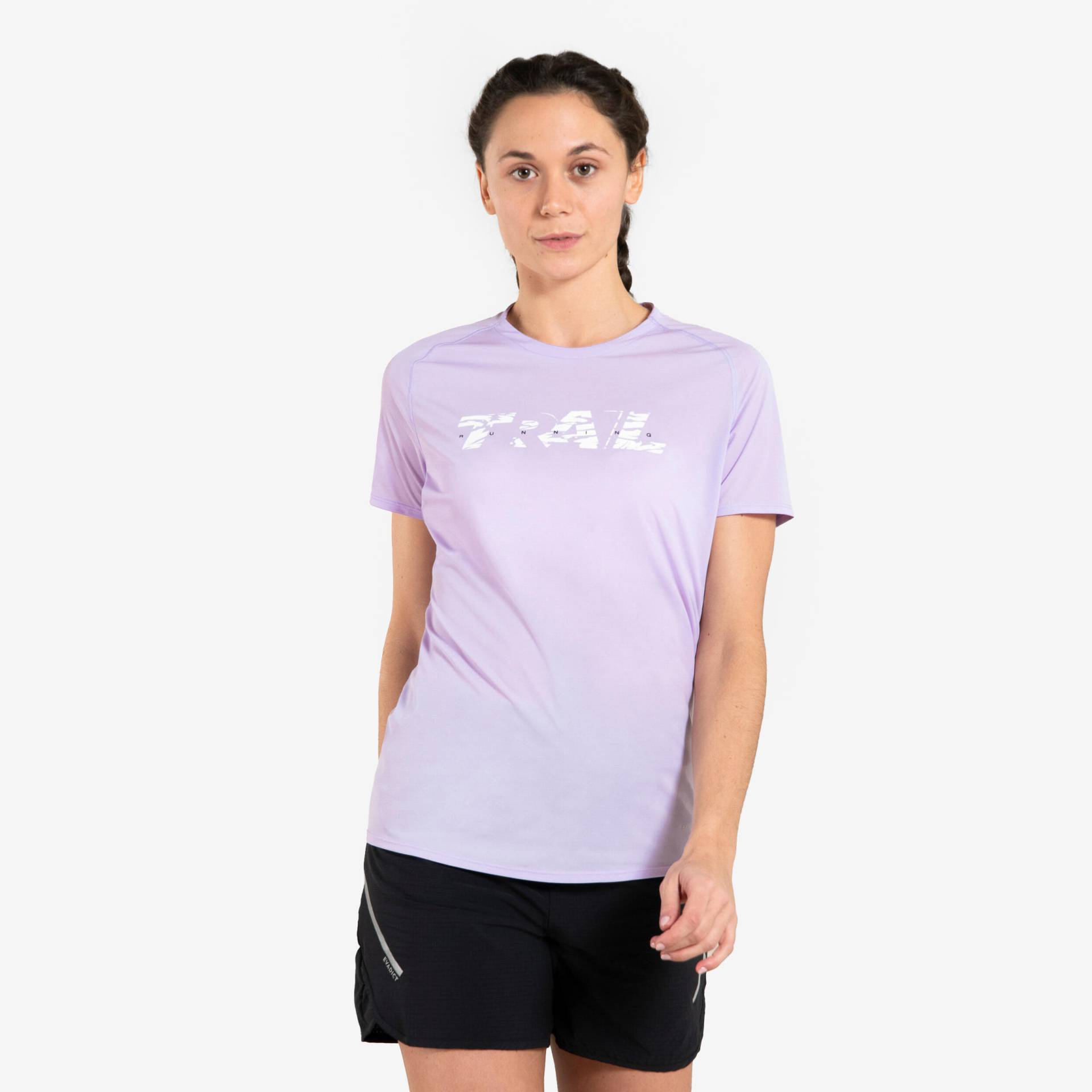 Laufshirt kurzarm Damen Trailrunning - lila mit Grafikprint von Kiprun