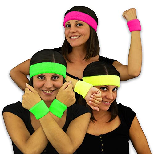 Neon 80er Schweißbänder - 3 Farben Set - pink, grün, gelb - Armbänder - Stirnbänder - Leuchten in UV Schwarzlicht von Eventlights