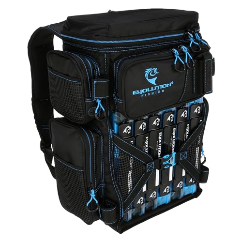 Evolution Fishing Drift Series Rucksack – Blau, 3600 Größe, Outdoor-Rucksack mit 6 Angelausrüstungs-Tabletts, integrierter Regenfliege, robuster Angelrucksack, Tragetasche von Evolution Outdoor
