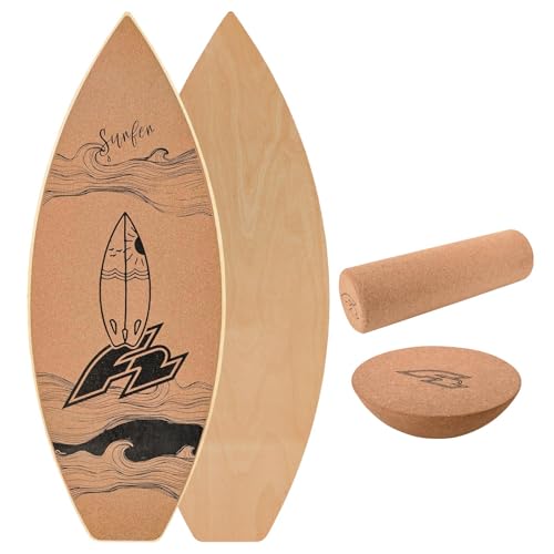 F2 Kork Balance Board Surf 84x31cm mit Korkrolle + Kork Halbkugel von F2