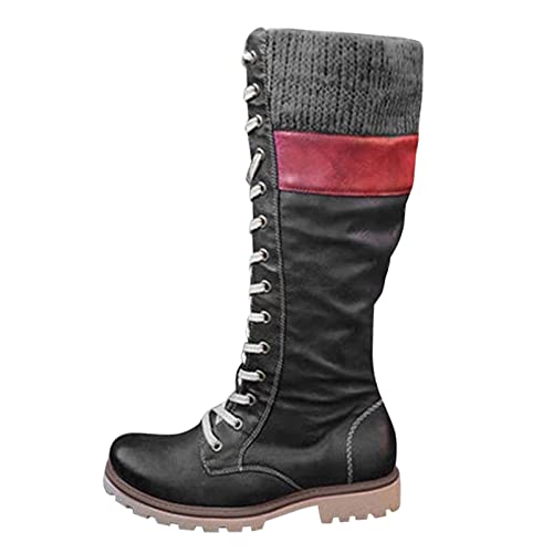 FACAIAFALO Hohe Stiefel Damen Mit Absatz Lange Stiefel Damen Sexy Flach Winterstiefel Damen Flach Casual Cowboy Stiefel RutschfDEDEte Winterstiefel WDEDEternstiefel SchnüRstiefel Damen von FACAIAFALO