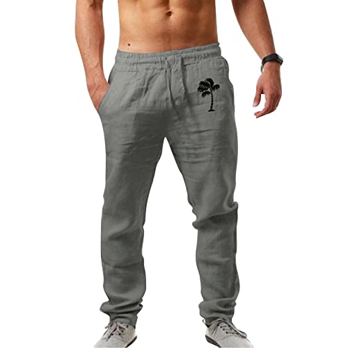 FACAIAFALO Hosen Herren Leinen Baumwolle Lange Sport Straight Regular Fit Strandhose aus Baumwollmischung Leicht Sommerhose Jogginghose Loose Fit mit Kordelzug Seitentaschen, Zbb-dark Gray, XL von FACAIAFALO