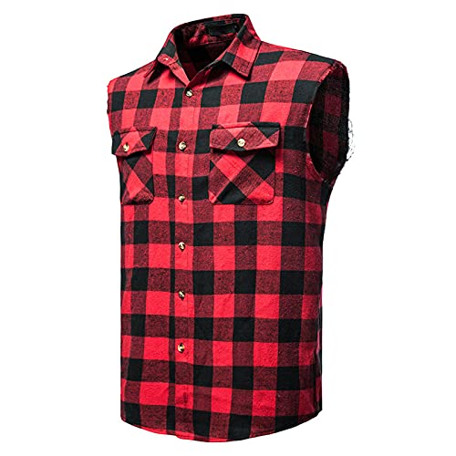 FACAIAFALO Weste für Männer Herren Shirt Sommer Casual Fashion ärmellose Karierte Weste Button-Down-Hemd Tops Strand Urlaub T-Shirt Männer, Rot, L von FACAIAFALO