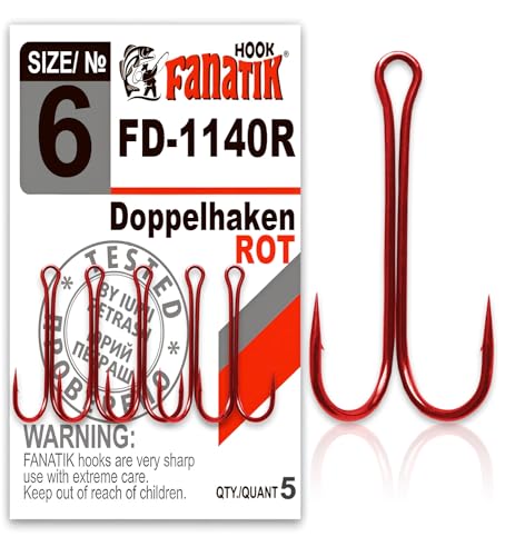 FANATIK Doppelhaken Double Hook FD-1140 gr. 8, 7, 6, 4, 2, 1, 1/0, 2/0, 3/0 jig Angel Fishing Hook für Gummiköder Offset (Rot, 27mm - #8-5 Stück) von FANATIK