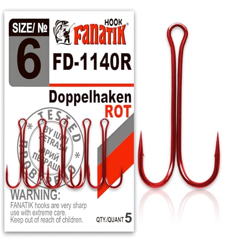 FANATIK Doppelhaken Double Hook FD-1140 gr. 8, 7, 6, 4, 2, 1, 1/0, 2/0, 3/0 jig Angel Fishing Hook für Gummiköder Offset (Rot, 31mm - #4-4 Stück) von FANATIK