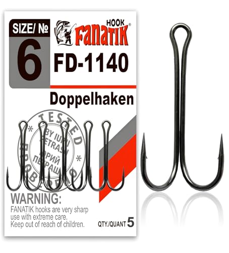 FANATIK Doppelhaken Double Long FD-1140 gr. 8, 7, 6, 4, 2, 1, 1/0, 2/0, 3/0 jig Angel Fishing Hook für Gummiköder Offset (Schwarz, 27mm - #8-5 Stück) von FANATIK