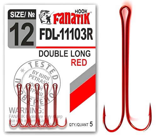 FANATIK Doppelhaken Double Long FDL-11103 gr. 8, 6, 4, 2, 1, 1/0, 2/0, 3/0, 4/0 jig Angel Fishing Hook für Gummiköder Offset (Rot, 22mm - #12-5 Stück) von FANATIK
