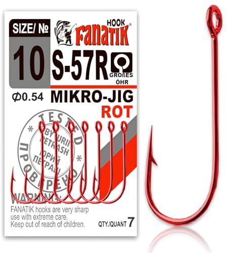FANATIK Haken MIKRO-JIG S-57 gr. 10, 8, 6, 4, 2, 1 jig Angel Fishing Hook für Gummiköder (Rot, 13mm - #10-7 Stück) von FANATIK
