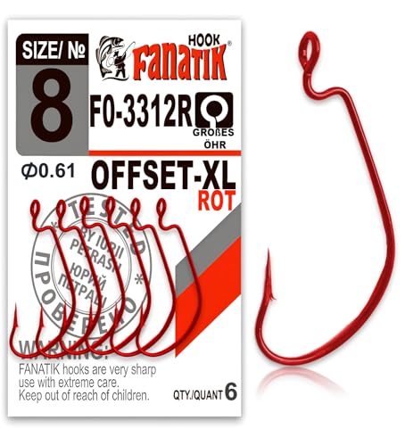 FANATIK Haken Offset FO-3312-XL gr. 8, 6, 4, 2, 1, 1/0, 2/0, 3/0, 4/0, 5/0 jig Angel Fishing Hook für Gummiköder (Rot, 18mm - #8-6 Stück) von FANATIK