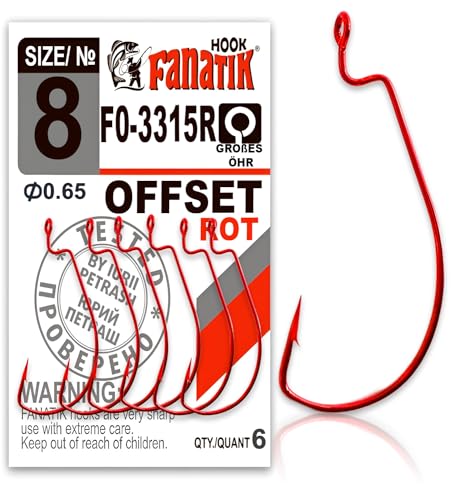 FANATIK Haken Offset FO-3315 gr. 8, 6, 4, 2, 1, 1/0, 2/0, 3/0, 4/0, 5/0 jig Angel Fishing Hook für Gummiköder (Rot, 28mm - #6-6 Stück) von FANATIK