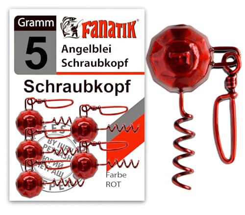 FANATIK Schraubkopf Spirale mit Karabiner Jig Jigkopf Spiral Head Bleikopf für 5g - 35g (5 Gramm - 5 Stück, Rot) von FANATIK