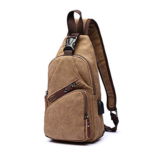 FANDARE Brusttasche Herren Schultertasche Sling Bag Rucksack mit USB Segeltuch Tasche Umhängetasche Sporttasche für Wandern,Abenteuer,Sport, Reisen und Joggen Braun von FANDARE