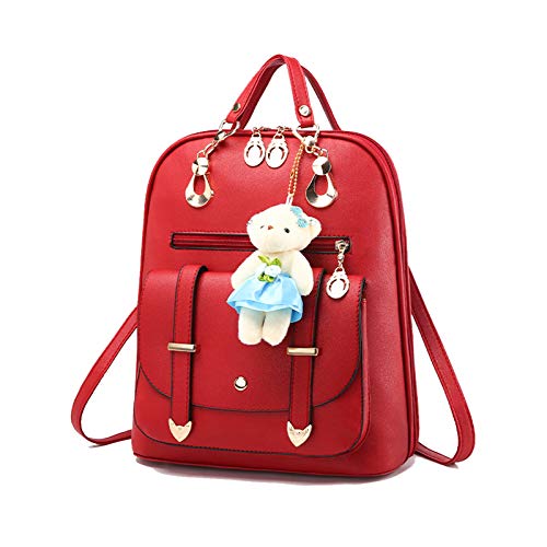 FANDARE Damen Rucksack Mode Daypack Mädchen wasserdichte Schultertaschen Schulranzen PU Backpack für Schule Reise Dating Einkaufen Urlaub Rucksäcke Rot von FANDARE