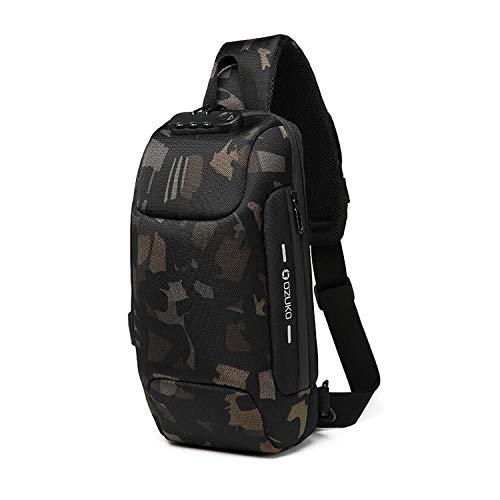 FANDARE Neu Herren Schultertasche Brusttasche mit Passwortschloss, USB, Reflektierende Streifen Umhängetasche Rucksack Sporttasche für Abenteuer,Reisen und Joggen Wasserdichtes Polyester Camo von FANDARE