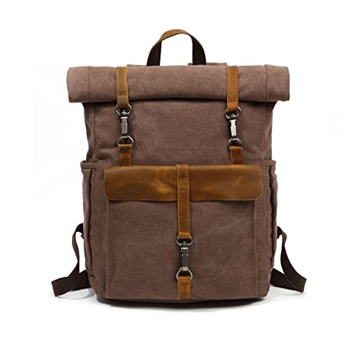 FANDARE Rolltop Rucksack Leinwand Schulrucksack Laptop Handgepäck Rucksack Herren Damen mit 15.6 Zoll Laptopfach Rucksäcke zum Business Arbeit Reise Schulranzen Daypacks Braun von FANDARE