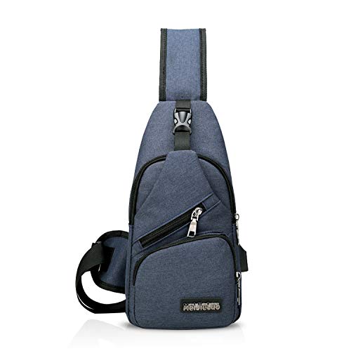 FANDARE Unisex Schultertasche Herren Damen Brusttasche Sling Bag Rucksack mit USB Umhängetasche Sporttasche für Wandern,Abenteuer,Sport, Reisen und Joggen Blau von FANDARE
