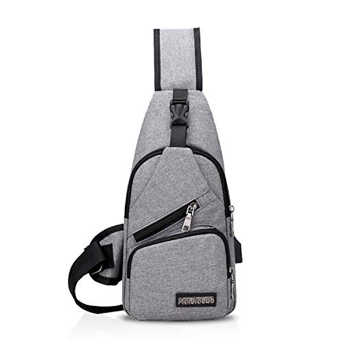 FANDARE Unisex Schultertasche Herren Damen Brusttasche Sling Bag Rucksack mit USB Umhängetasche Sporttasche für Wandern,Abenteuer,Sport, Reisen und Joggen Grau von FANDARE