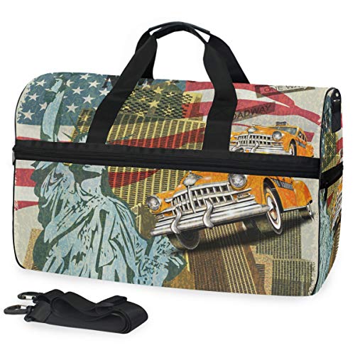 Fantasio Amerika Statue of Liberty Flag und Retro Auto Sport Duffle Bag Gym Bag Reisetasche mit verstellbarem Riemen von FANTAZIO
