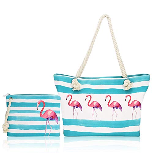FARI Große Strandtasche Damen, Reisetaschen Canvas Schultertasche Shopper mit Reißverschluss (Flamingo) von FARI