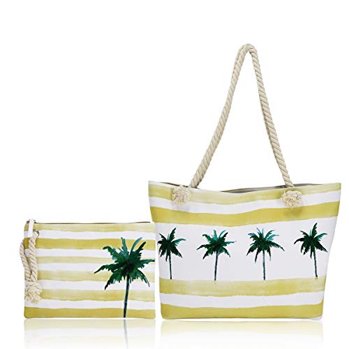 FARI Große Strandtasche Damen, Reisetaschen Canvas Schultertasche Shopper mit Reißverschluss (Palme) von FARI