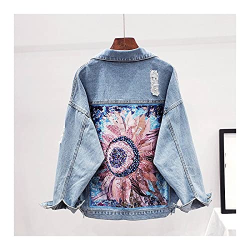 Damen Zerrissene Jeansjacke - Bohemian Blumenstickerei Fashion Streetwear Jeans Outwear Für Damen, Pailletten Applikationen Langarm Damen Herbst Cowboy Tops Mantel S - XL,Blau,M von FBYDLL