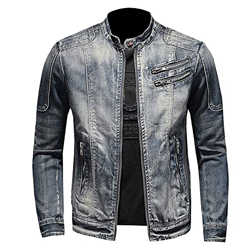 FBYDLL Herren Reißverschluss Denim Jacke-Bomber Baumwolle Slim Fit Jeansmantel, Punk Asymmetry Wash Klassisches Cowboy-Oberteil, Trucker-Kragenknopf Tun Sie Den Alten Stil Plus Größe M-6Xl,Blau,6XL von FBYDLL