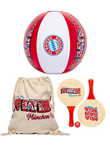 FC Bayern München Strandspiel 3er Set : Wasserball, Beach Tennis-Set mit Ball und Stoffbeutel FCB Beachball von FC Bayern München