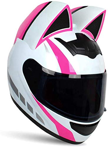 Full Face Motorradhelme mit Katze Ohren Adult Flip up Visiere Motocross Helm Motorrad-Crash-Modular Helmet Leichtbau DOT Certified,Pink White,L von FDYD