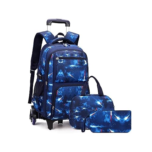 FEEIMOL Schulrucksack Jungen Teenager Trolley Schulranzen Jungen Schultasche Koffer Rucksack mit Rollen, 3-teiliges Schultaschen-Sets mit Lunch Tasche und Federmäppchen (Blaue Galaxie) von FEEIMOL