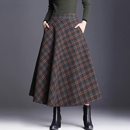 Damen Winterrock Mit Hoher Taille - Elegante Hohe Taillen-Retro-Plaid-Lange Röcke Mode-Frauen-Maxi-Röcke Weibliche Vintage A-Linie Büro-Damen-Arbeits-Beiläufiger Rock,Großer Langer Damenrock,Gr von FENGJIAREN