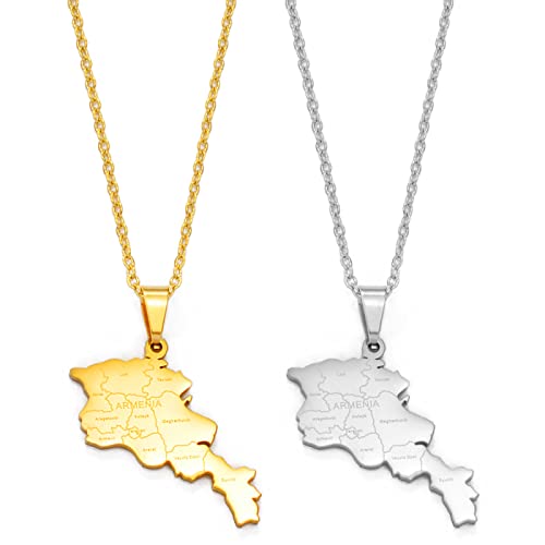 FENGJIAREN Armenia Map Pendant Necklace - Country Map with City Contour Design Pendant Necklaces Ethnic Style Charm Thin Chain Necklace for Unisex,Golden,60Cm von FENGJIAREN