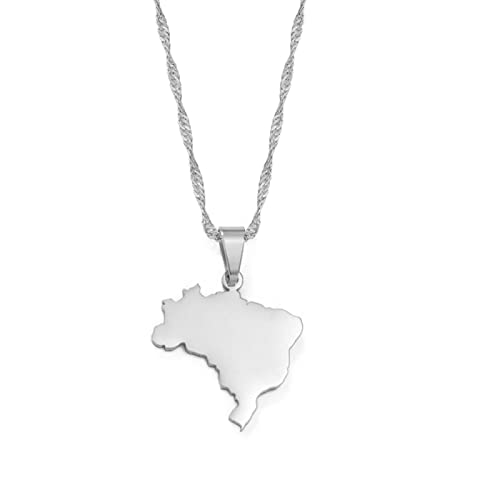 FENGJIAREN Brazil Map Pendant Necklace - Solid Color Hip-Hop Style Pendant Necklaces Ethnic Style Charm Thin Chain Necklace for Women/Girl/Men Unisex,Silver,45Cm von FENGJIAREN