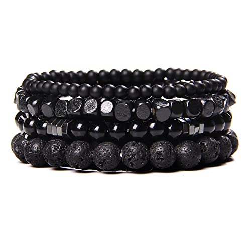 FENGJIAREN Mehrschichtiges Onyx-Perlen-Armband - Mode-Naturstein-Perlen-Armband Mehrschichtiges schwarzes Lava-Onyx-Perlen-Charme-Punk-Armband-Paar-Geschenk,Schwarz,17Cm von FENGJIAREN