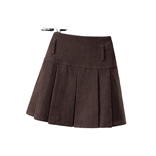 FENGJIAREN Minirock Dunkelbraun, Sexy Falten-Shorts Für Damen – Retro-Cordrock Für Damen, Neue Koreanische Version Mit Hoher Taille, Kawaii-Patchwork-Plissee-A-Linien-Minirock, Einfarbig, S von FENGJIAREN