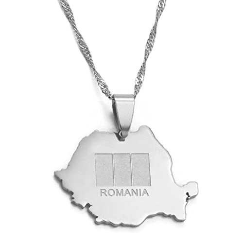 FENGJIAREN Romania Map Pendant Necklace - Romania Map Flag Pendant Necklaces Trendy Romanian Jewelry Necklace Simple Jewelry - for Men and Women,Silver,45Cm von FENGJIAREN