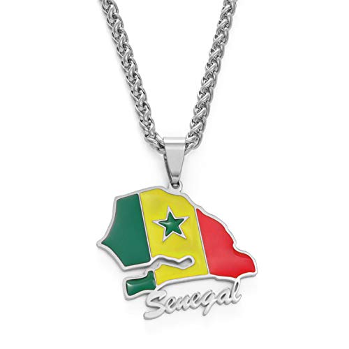 FENGJIAREN Senegal Map Pendant Necklace - Senegal Map Flag Pendant Necklaces Men Women Colorful Drop Glaze Ethnic Style Charm Thin Chain Necklace,Silver,45Cm von FENGJIAREN