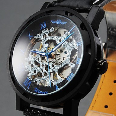 FENKOO Herren Beobachten Mechanischer Handaufzug Totenkopfuhr Transparentes Ziffernblatt Leder Band Armbanduhr von FENKOO