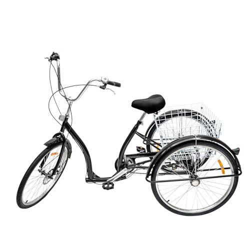 FENNNDS 26 Zoll Dreirad, Fahrrad für 1,65-1,85m Erwachsenen Senioren und Fahranfänger, 6-Gang-Dreirad 3 Rad Fahrrad mit Einkaufskorb für Sport, Einkaufen, Freizeit (Schwarz) von FENNNDS