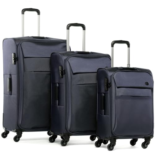 FERGÉ Kofferset 3-teilig Weichschale Calais Trolley-Set - Handgepäck 55 cm, L und XL 3er Set Stoffkoffer Roll-Koffer 4 Rollen Stretch-Flex blau von FERGÉ