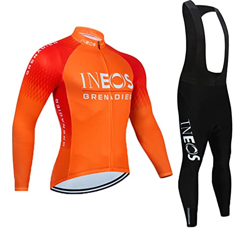 Herren Winter Fahrradtrikot Set - Thermo Fahrradhose Lang + Thermo Fahrradtrikot Langarm - Atmungsaktiv - Reflektoren für Herbst/Winter (Orange1,L) von FFFF & OLFEH