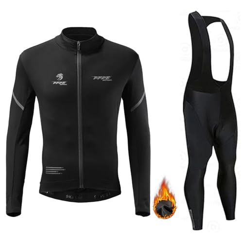 Radtrikot Set,Winter Fleece Radtrikot Fahrradanzug Herren Fahrradbekleidung Radsportanzüge Fahrradtrikot mit Thermofleecefutter Fahrradhose mit Sitzpolster (B,XXL) von FFFF & OLFEH