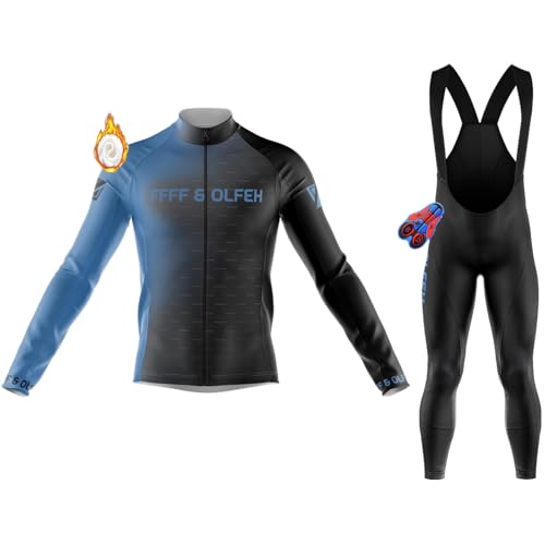 Radtrikot Set Herren mit Fleece Radtrikot Herren Langarm Anzüge Radtrikot Set Radfahren Kleidung Thermo Vlies Winddicht Langärmliges Fahrradtrikot Hose für Radfahren MTB Jogging (11,L) von FFFF & OLFEH