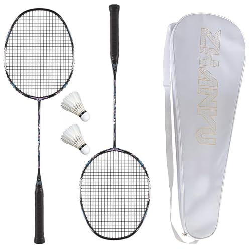 Badmintonschläger-Set, 2er-Set, Badmintonschläger, ultraleicht, Karbonfaser, langlebig, Trainingsschläger mit 2 4U-Schlägern, 2 Federbällen und 1 Balltasche, für Anfänger, Outdoor-Spiele von FFPRQMAC