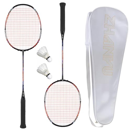 Badmintonschläger für Anfänger, Badmintonschläger, 2er-Set, Kohlefaser, Profi-Trainingsschläger mit 2 Schlägern, 2 Federbällen und 1 weißer Tragetasche, 82 g, 4U von FFPRQMAC