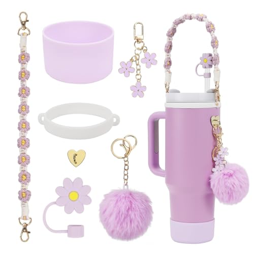 FFWTPY Stanley Cup Zubehör Set 1Wasserflaschen Griffband 1Silikon Becher Stiefel Stanley Cup Strohhalm Abdeckung Stanley Cup Accessories für Stanley Cup 800ml -1100ml Tumbler (Lila) von FFWTPY
