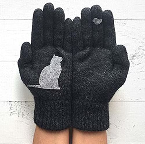 Frauen Winter Strickhandschuhe,Warm Und Winddicht Strick Fingerhandschuhe, Stehaufe Handschuhe aus Baumwolle im Katzenstil, Warme Handschuhe für Skifahren Radfahren Sport (Schwarz) von FGFG
