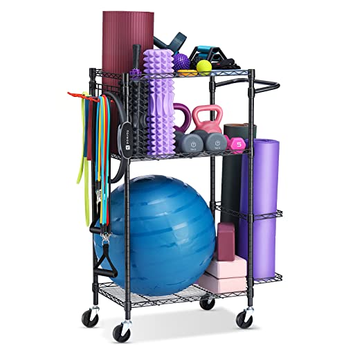 FHXZH Home Gym Storage Rack, Workout Equipment Storage Organizer for Yoga Mat Yoga Ball Dumbbell Kugelhanteln Foam Roller Resistance Bands Exercise Equipment Storage with Hooks and Wheels von FHXZH