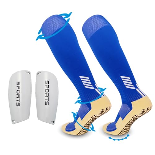 FIBOGOUP Schienbeinschoner Fussball - Fußballsocken für Kinder Herren - Ergonomisch angenehm zu tragen, bietet Starke Dämpfung und Schutz (Universalgröße 32-38, Blau+weiß) von FIBOGOUP