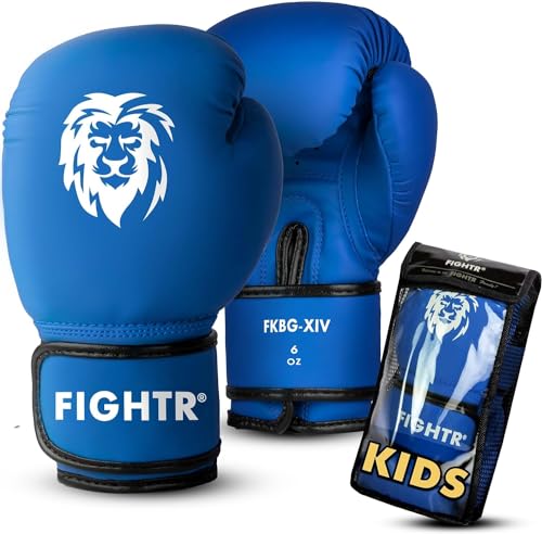 FIGHTR® Kinder Boxhandschuhe mit bestem Sitz für maximalen Schutz | Junior Jungen und Mädchen | für Boxen, MMA, Muay Thai, Kickboxen & Kampfsport 04 06 oz | inkl. Tragetasche (Blau, 04 oz) von FIGHTR